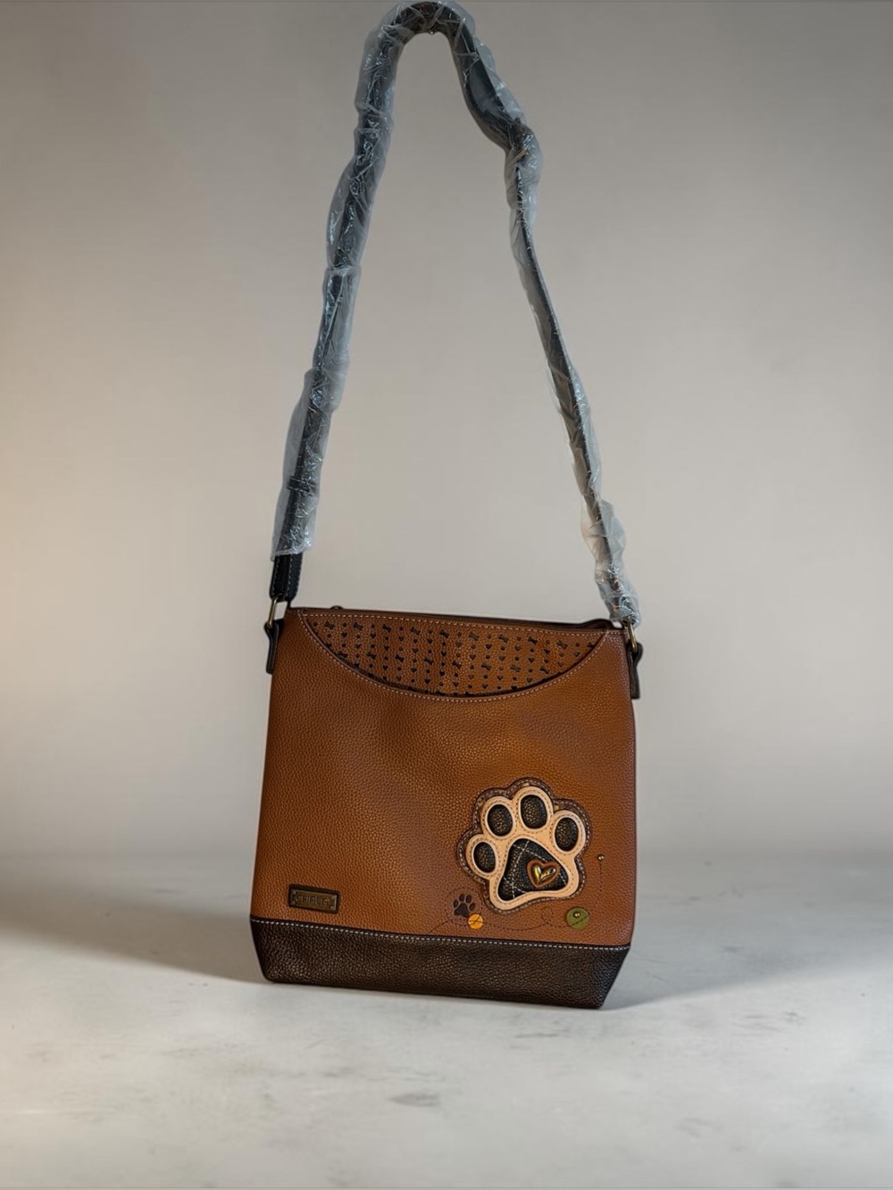 CHALA SWEET MESSENGER BAG - BROWN BLACKVEGAN LEATHER CROSSBODY PAW PRINT PATCH